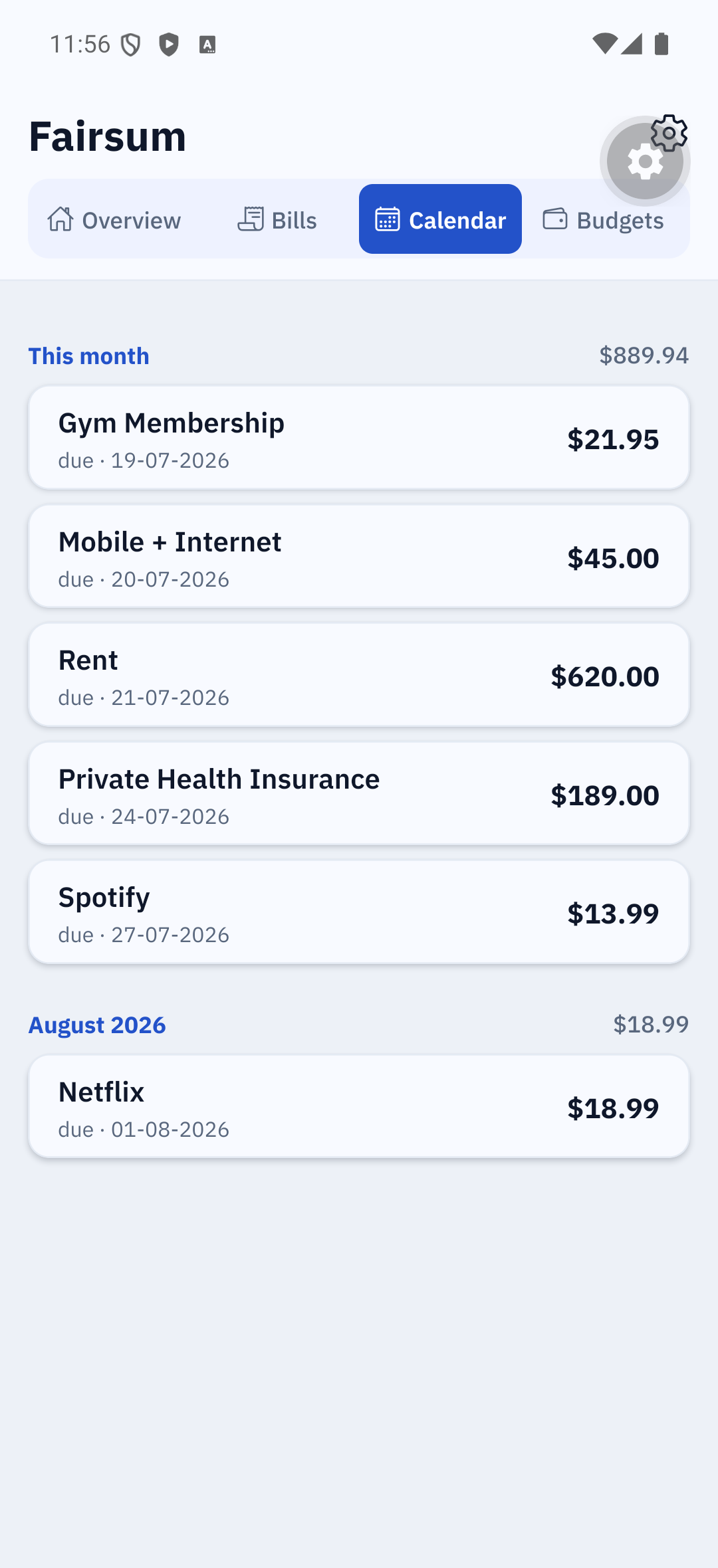 Calendar tab — upcoming bills and renewals