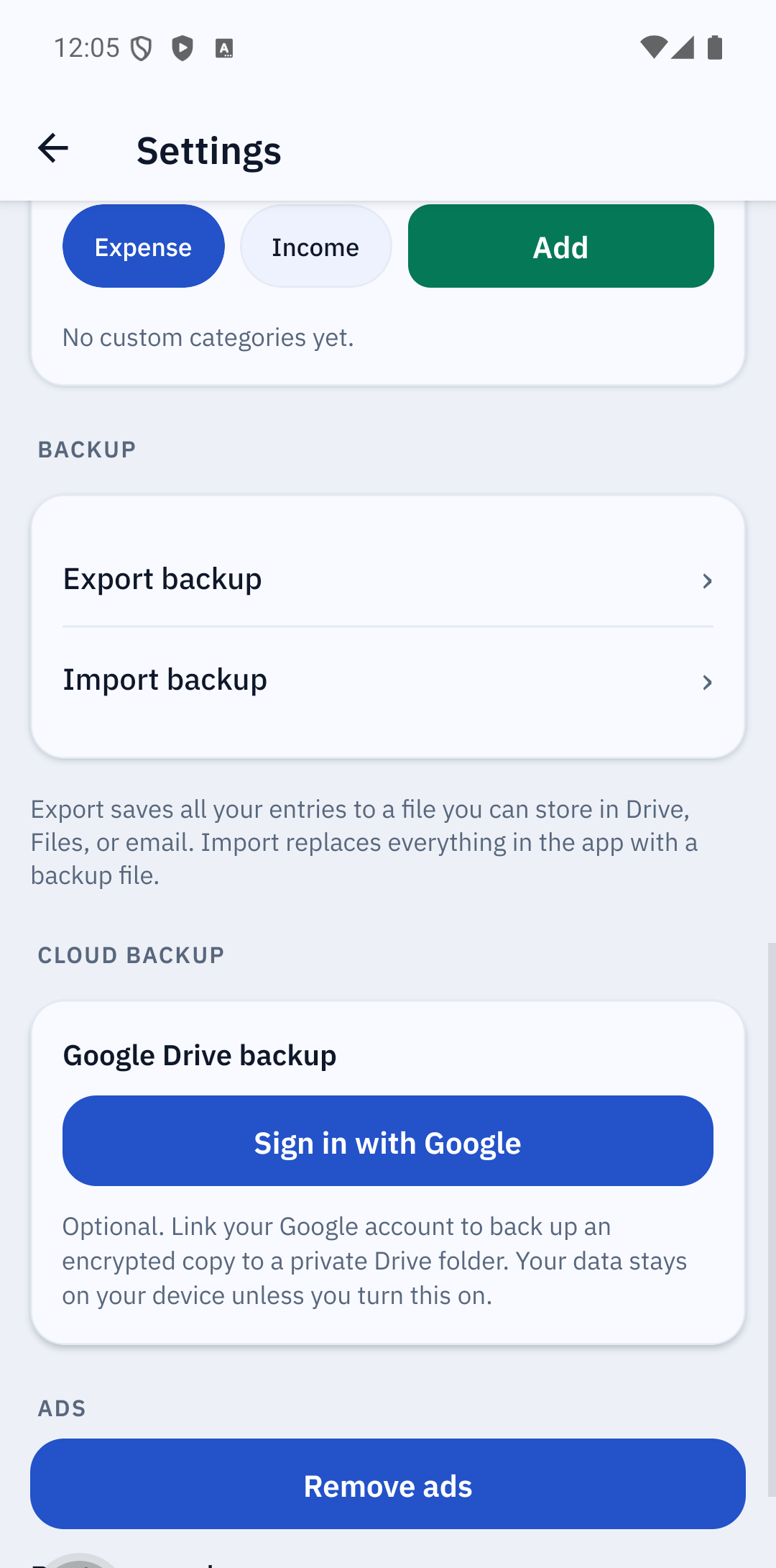 Settings — Export/Import backup and Google Drive backup