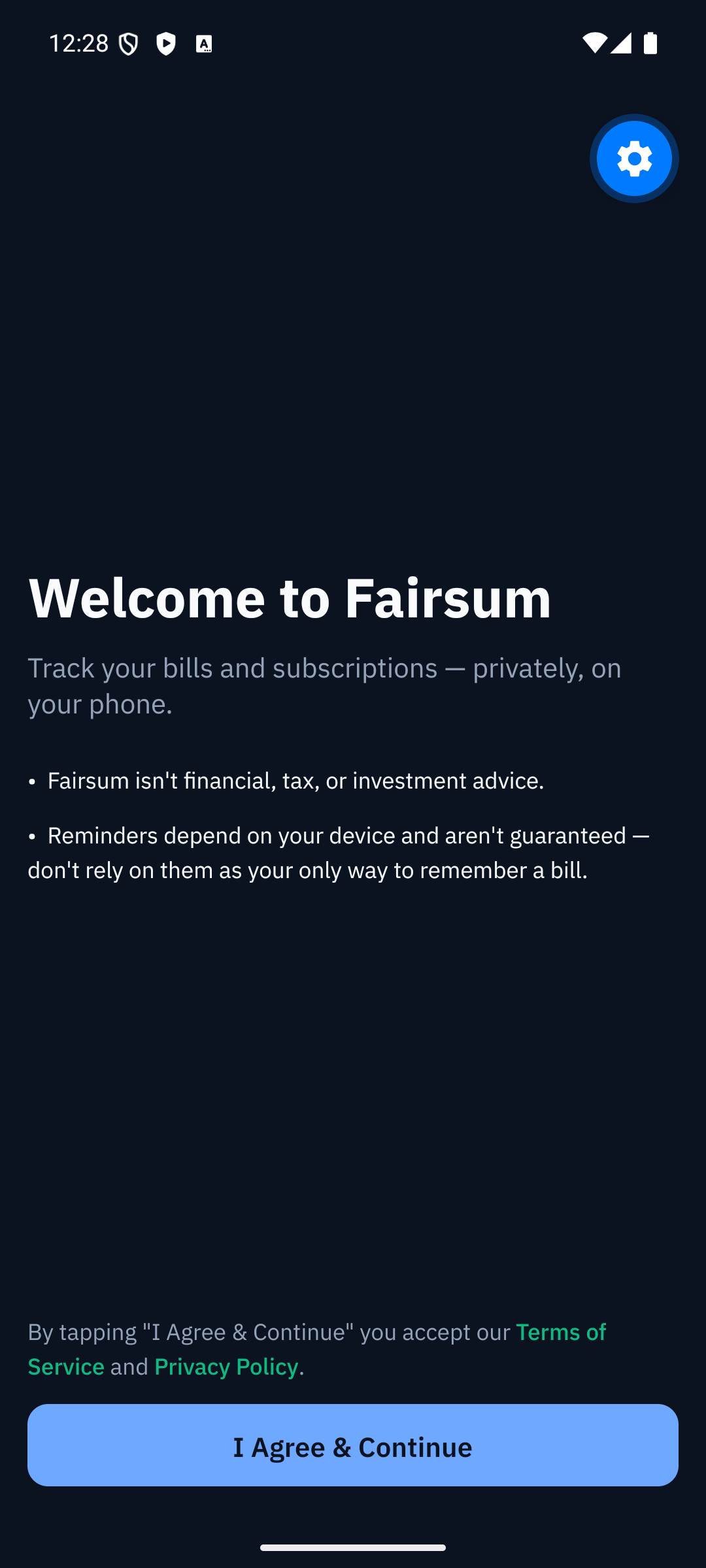 Fairsum welcome screen with links to Terms and Privacy