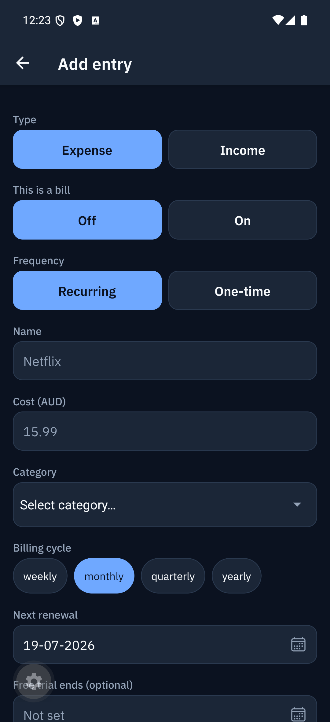 Add-entry form