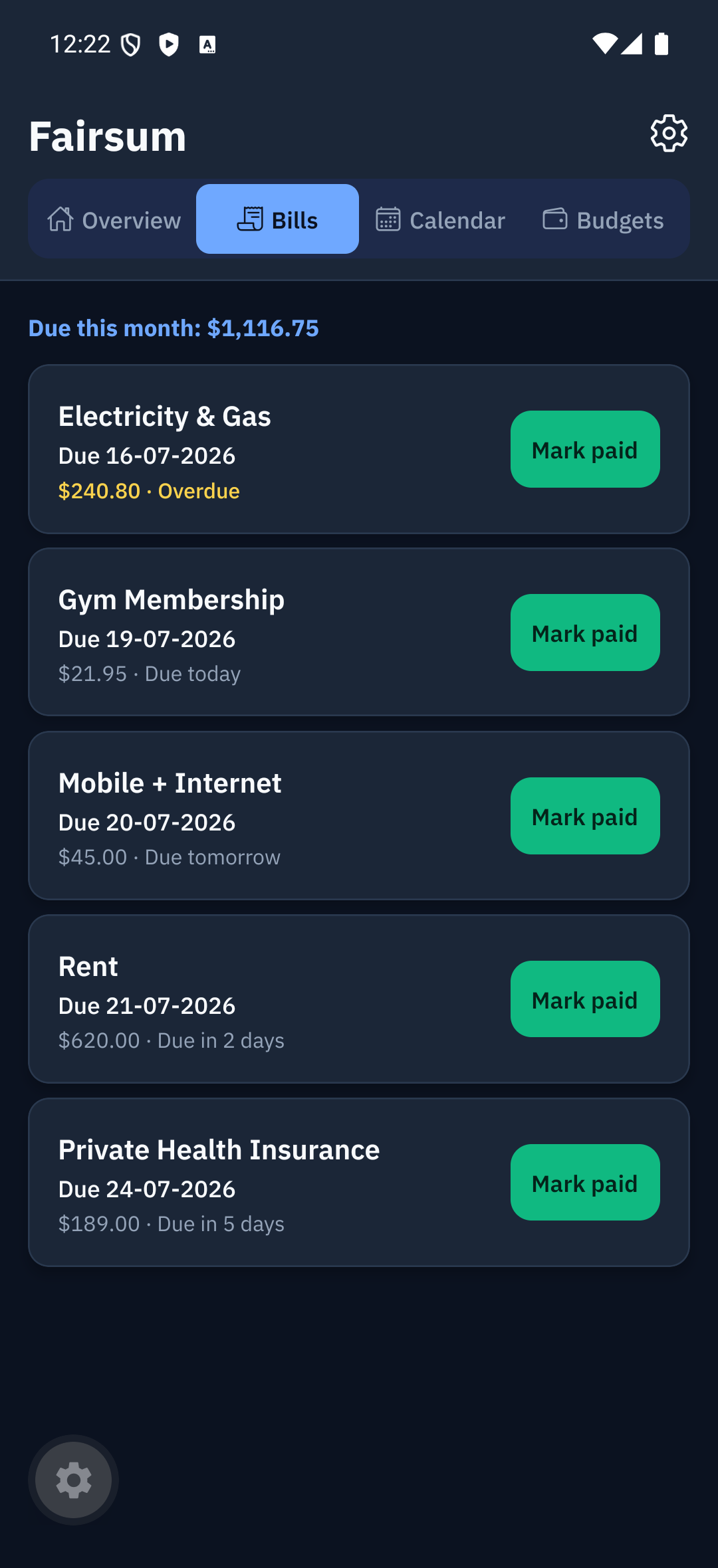 Bills tab — due and overdue