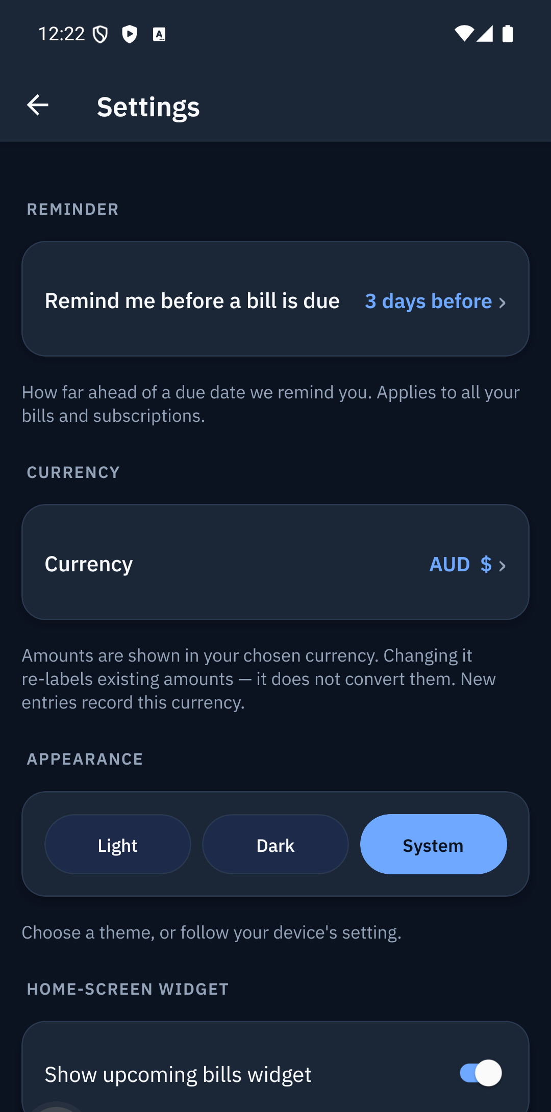 Settings screen