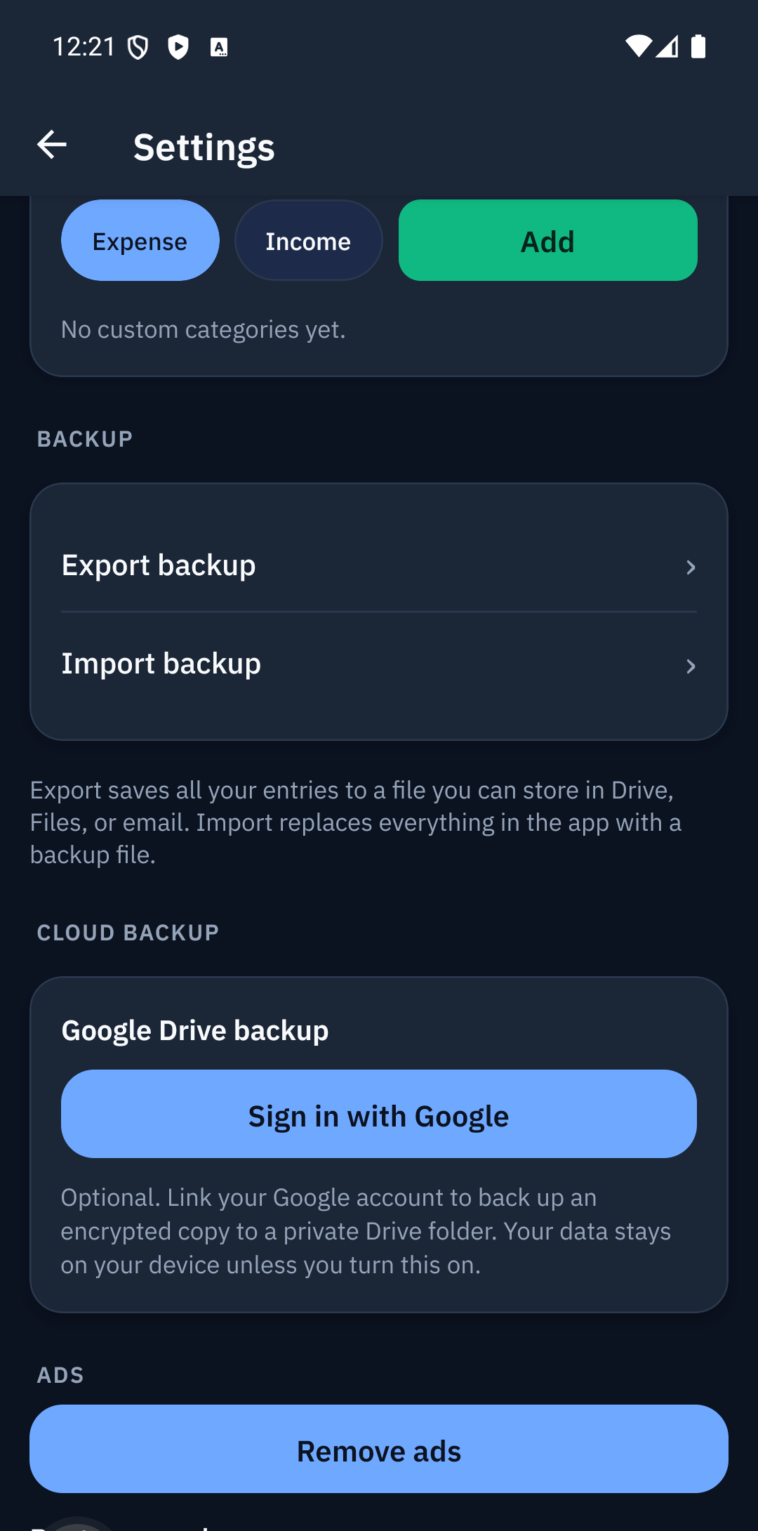 Settings — Export/Import backup and Google Drive backup